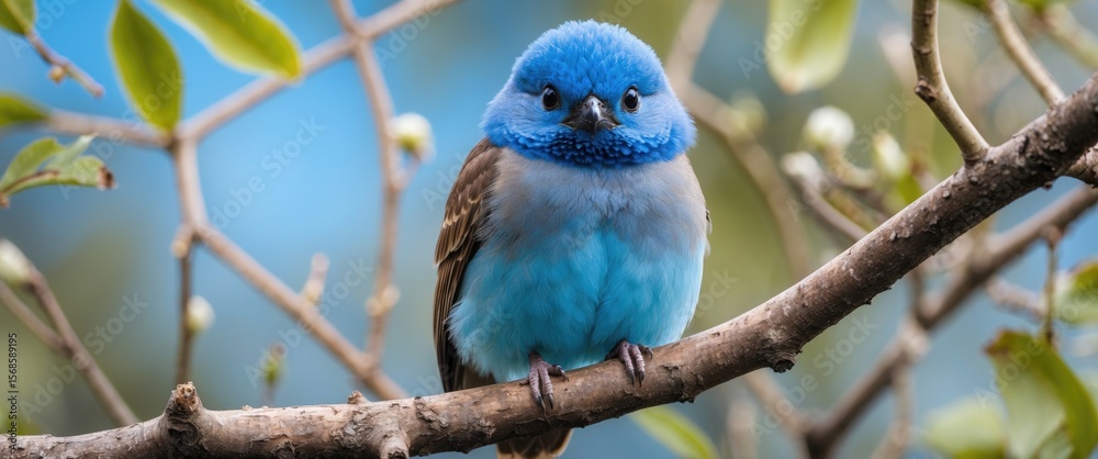 Fototapeta premium This image showcases a beautiful bird with stunning blue feathers around its eyes perched on a branch with empty space for text.