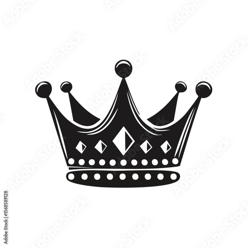 Elegant royal crown with diamond gems vector icon on solid black background for regal design elements.