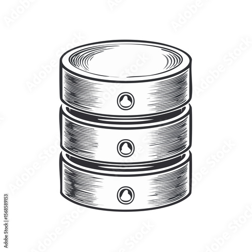 Stylized database tower in black and white, server stack concept, information technology, isolated, flat design
