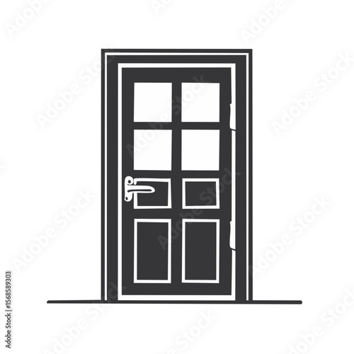 Symmetrical Front Door Design, Simple Vector Illustration, Closed Entryway with Handle and Window Panes