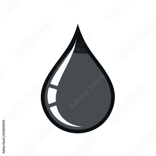 Illustration of a Dark Gray Liquid Drop on Black Background with White Reflective Surface