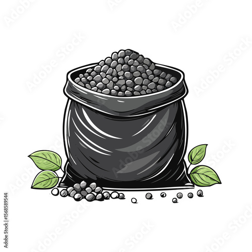 Black pepper bag with leaves drawing. Spice sack illustration. Seeds in jute sack. Cooking ingredient harvest. Organic herb in canvas sack isolated on black