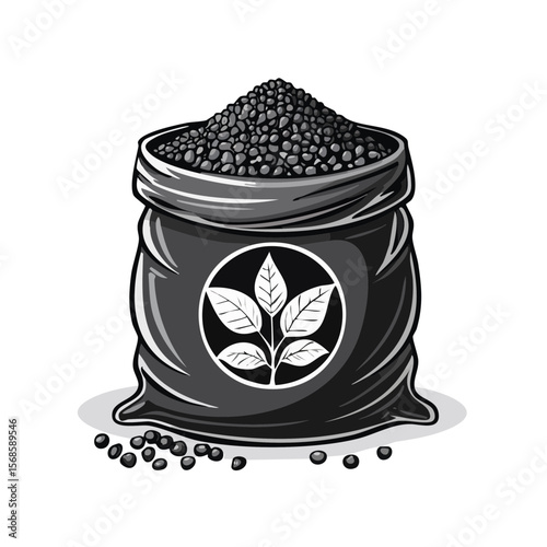 Vector illustration of a sack full of black seeds with leaves logo on it. Seed bag design for nature or agriculture related use. Ideal for print or web.