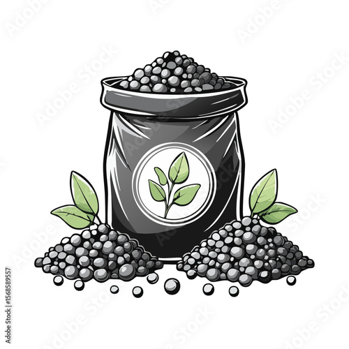 Sack of fertilizer with plant illustration for gardening and soil enrichment nutrient boosting on dark background