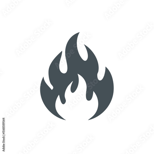 Isolated dark gray flame icon on solid black background for heat energy or fire power, graphic illustration