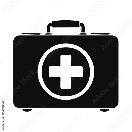 First aid kit icon minimal design white medical cross symbol on black background health care emergency supplies