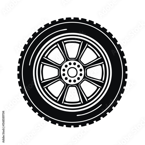Vector Car Wheel Illustration with Radial Spokes and Tread Design on Black Background