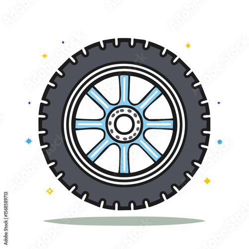 Stylized Car Tire with Light Blue Rim Design and Shiny Stars in the Background