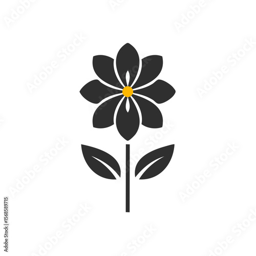 Abstract Black Flower Graphic with Yellow Center and White Detail on Black Background