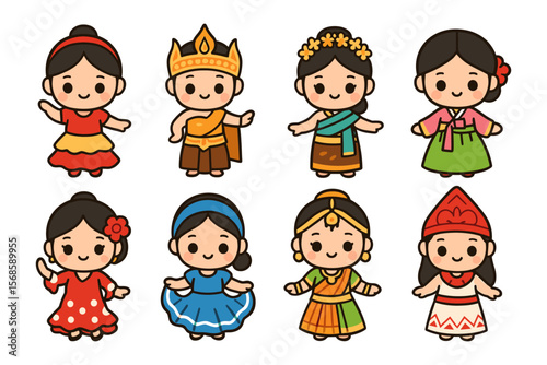 Traditional attire girls vector illustration: cute characters for cultural celebration designs