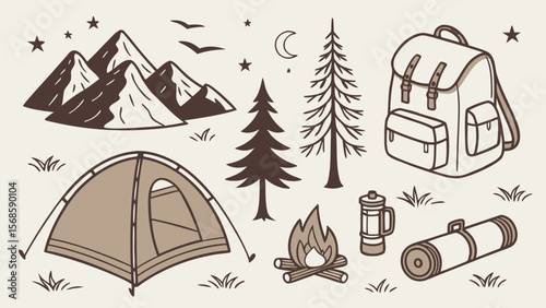 Camping Adventure Clip Art Set — Tents, Campfires, Backpacks, Trees, Mountains & Gear in Flat Outdoor Style