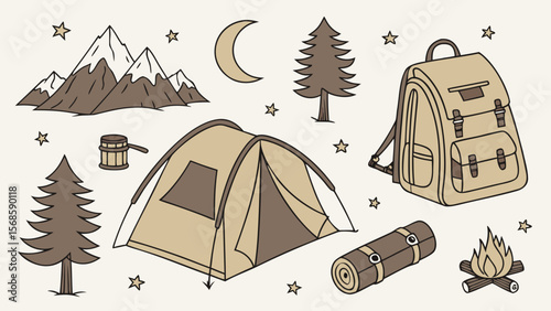 Camping Adventure Clip Art Set — Tents, Campfires, Backpacks, Trees, Mountains & Gear in Flat Outdoor Style