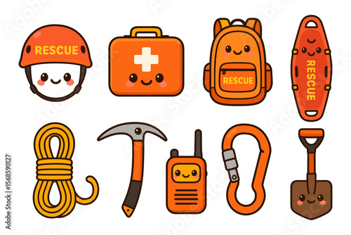 Cute rescue equipment vector illustration in kawaii style for poster or emergency kit design