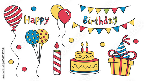 Colorful Birthday Clip Art Set — Balloons, Cake, Gifts, Banners, Party Hats & Candles in Festive Doodle Style