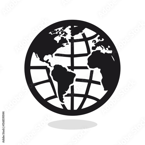 Globe Icon with Grid Lines Showing Continents and Shadow for Simple Earth Illustration