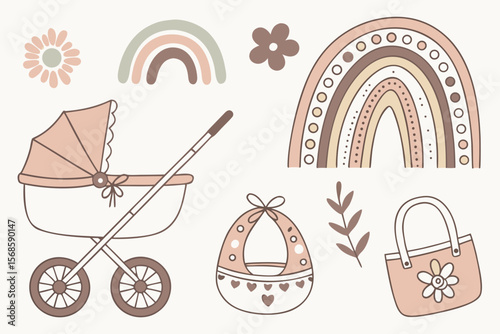 Boho Baby Clip Art Set — Rainbow Mobiles, Neutral Tones, Bibs, Toys & Onesies for Baby Shower & Nursery Decor