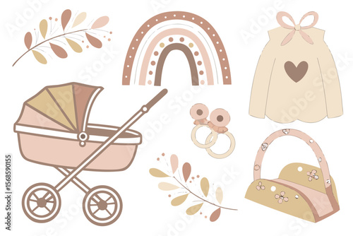 Boho Baby Clip Art Set — Rainbow Mobiles, Neutral Tones, Bibs, Toys & Onesies for Baby Shower & Nursery Decor