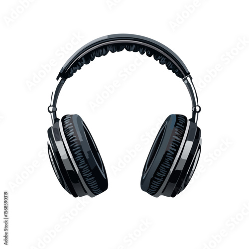 Graphic illustration of gray headphones on a black background, listening to music