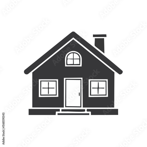 Illustration of a single family house with a gable roof and chimney on black background