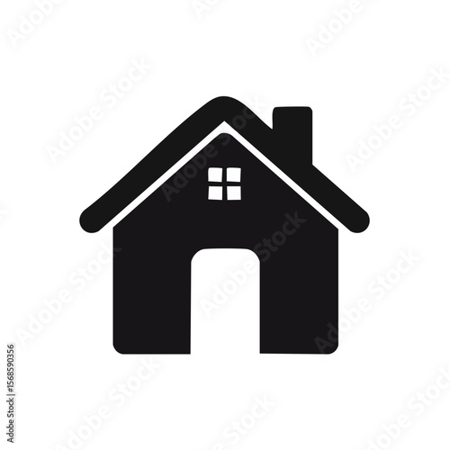 Simple House Icon on Black Background, Home Symbol with Door, Window, and Chimney Graphic Design Element