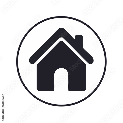 Simple Graphic of House in White Circle on Black Background Represents Home
