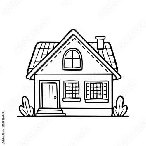 Cartoon outline illustration of a cozy house with tiled roof, windows, chimney, and small front garden, isolated on black background.