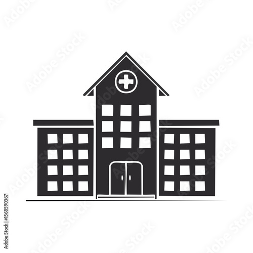 Hand-Drawn Hospital Building Illustration on Black Background, Healthcare Facility with Windows and Cross Symbol