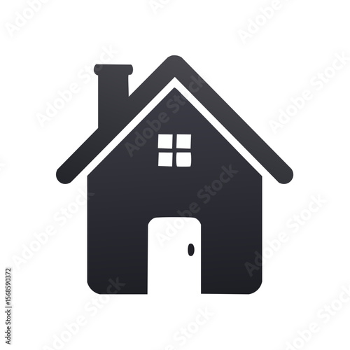 Dark Icon Illustration of House with Roof, Chimney, Door, and Window on Black Background