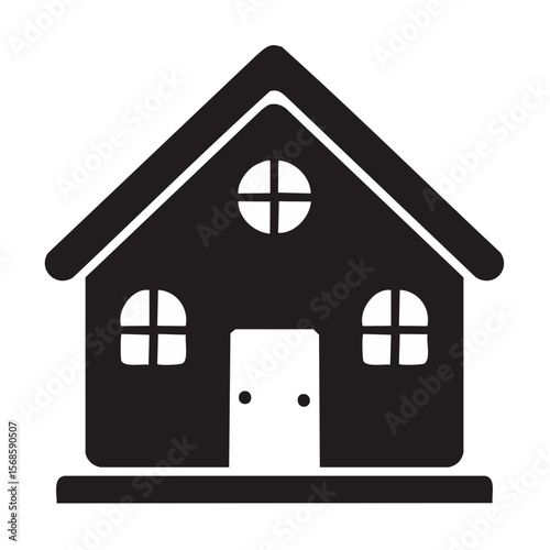 Simple dark house with arched windows and a round window, silhouette vector illustration