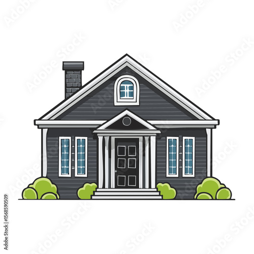 Gray single-family house illustration with chimney, windows, front door, bushes, and white trim