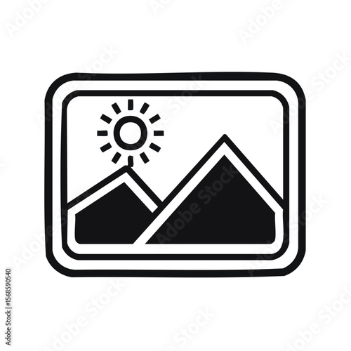 Minimalist line art of mountains and sun inside a frame on black background