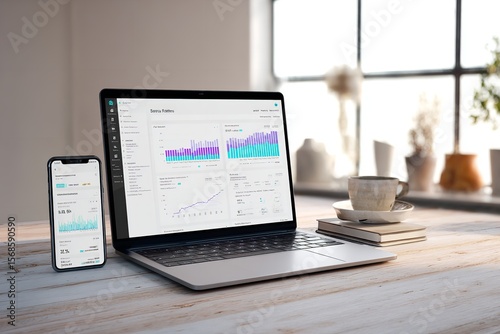 Laptop and smartphone displaying financial data on a wooden table next to a cup of coffee in a bright workspace