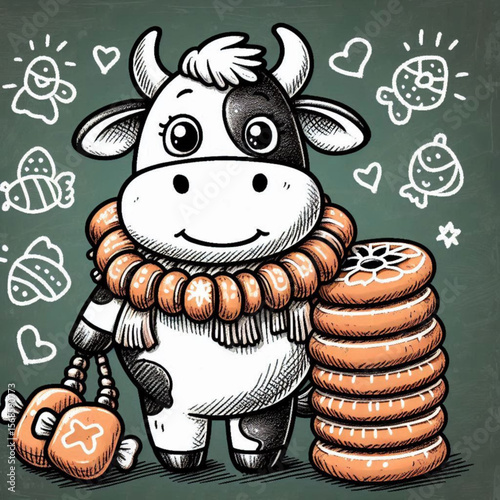 Cow with a Garland (India) - Charming cow illustration holding treats and surrounded by cookies on a chalkboard background