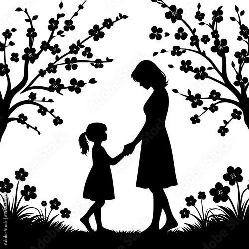 Minimalist vector of a mother hugging child with floral warmth, clean lines