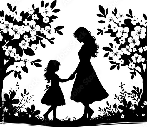 Minimalist vector of a mother hugging child with floral warmth, clean lines