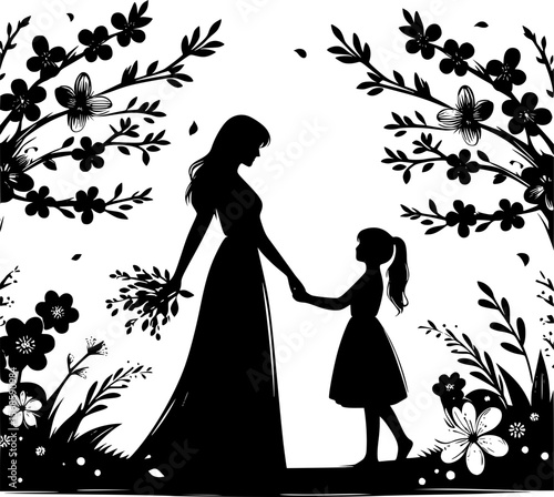 Minimalist vector of a mother hugging child with floral warmth, clean lines