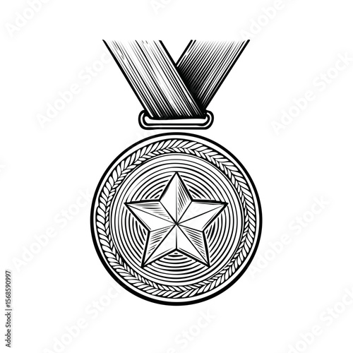Single medal with ribbon and star for awards and achievements in sports competitions and military decoration vector illustration