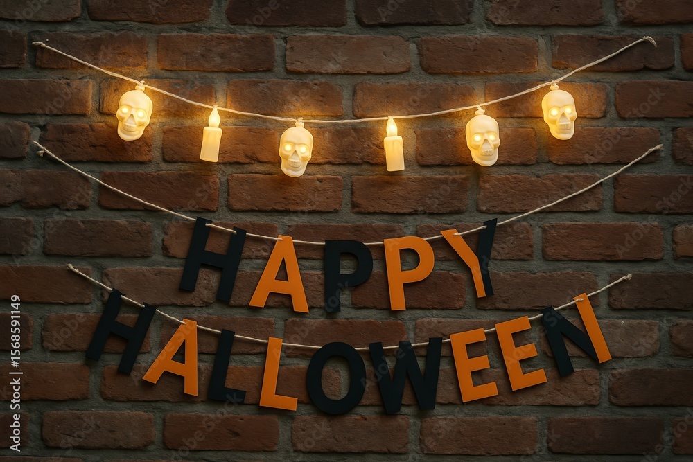 Naklejka premium Halloween garland featuring skulls with glowing lights on a brick wall background. concept of festive halloween decor, spooky decorations, celebration atmosphere