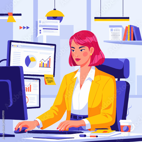 Busy Office Worker Focused on Tasks in a Modern Workplace Environment