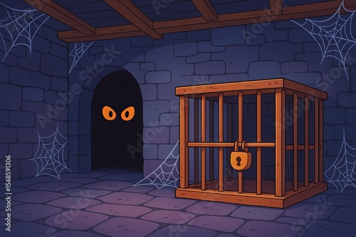 Cartoon basement with cobwebs and spooky eyes peering from darkness, featuring wooden bars and padlock. concept of halloween theme, mystery, spooky dungeon illustration.
