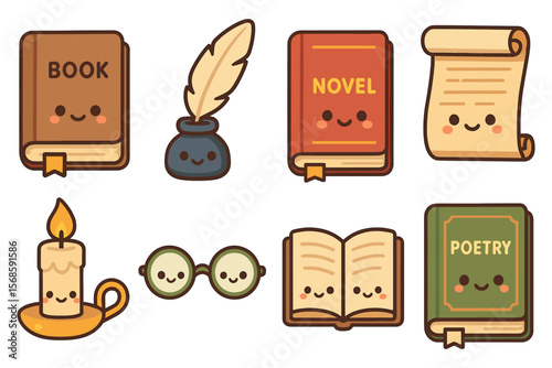 Cute literature vector illustration: books and writing elements in flat style for stationery design