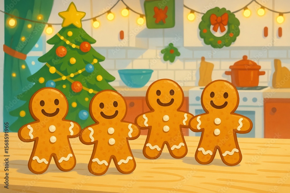 Naklejka premium Gingerbread people on kitchen table with christmas tree and festive decor illustration. concept of holiday baking, festive kitchen ambiance, christmas celebration