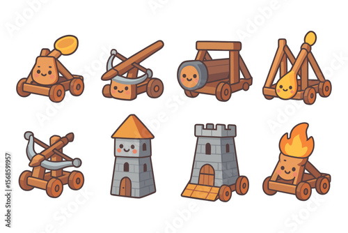 Cute medieval catapult and castle vector illustration for game design in flat style
