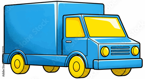 Glossy Halftone Blue Delivery Truck with Yellow Windshield, Circular Headlights, and Simple Blocky Design