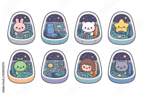 Cute space animals in rocket cockpits vector illustration - adorable cartoon design for children's prints