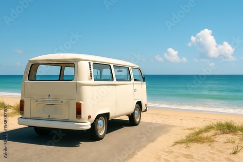 Retro minivan by the ocean on a sunny beach day. concept of coastal adventure, summer vacation, road trip exploration