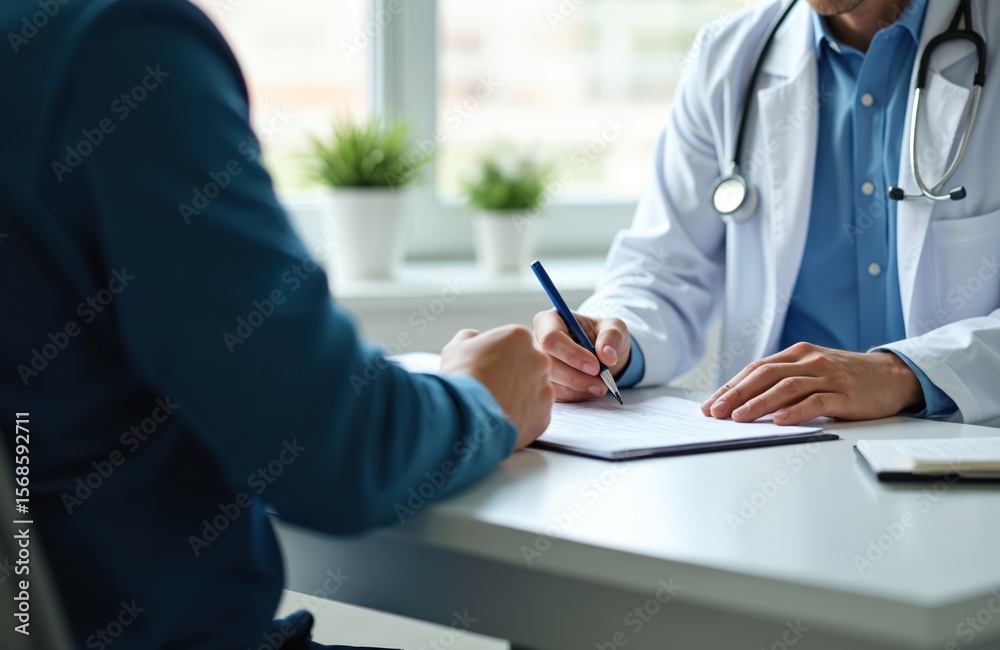 Obraz premium Doctor in white coat with stethoscope writes prescription for patient at desk. Medical consultation in clinic office. Physician advises patient on health care, diagnosis, treatment and paperwork.