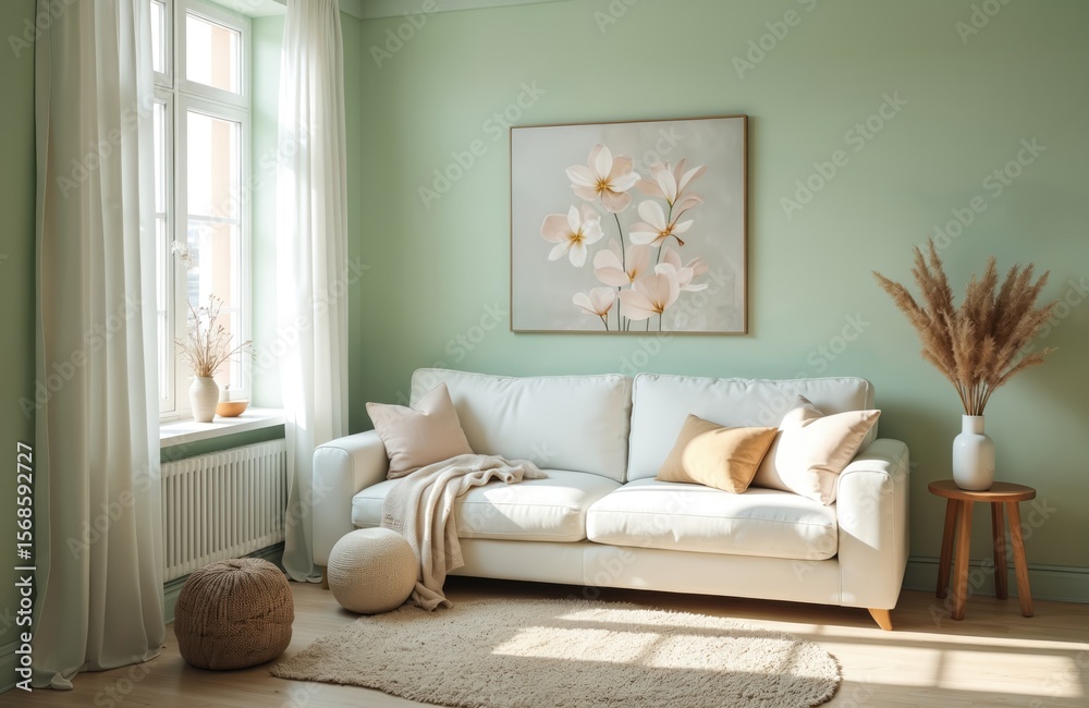 Naklejka premium Serene living room with plush white sofa, featuring neutral-toned pillows, cozy throw blanket. Natural light streams through large window, illuminating soft green walls adorned with floral art. Two