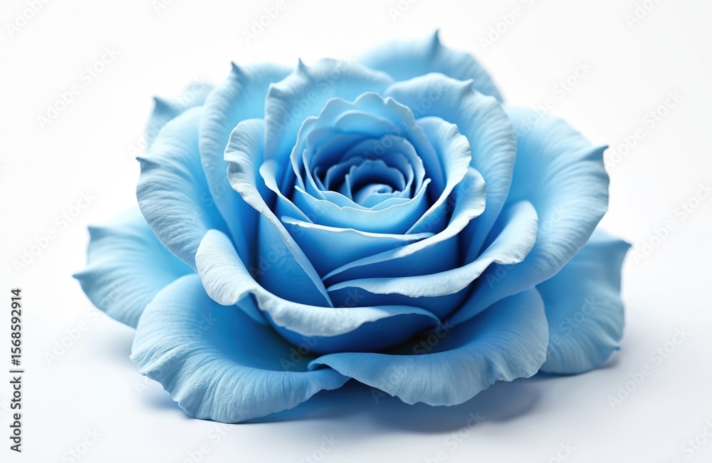 Obraz premium Striking blue rose closeup, isolated on white background. Features vibrant color, smooth semitransparent layered petals. Elegant floral beauty, minimalist design with sophisticated blooming petals,