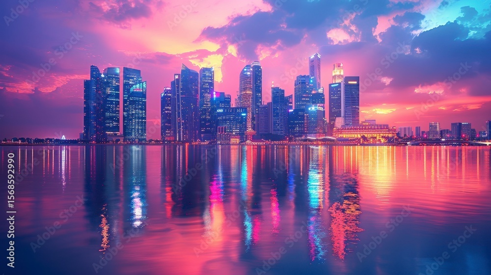 Obraz premium Cityscape at dusk, water reflects skyscrapers with pink, orange & blue sunset clouds